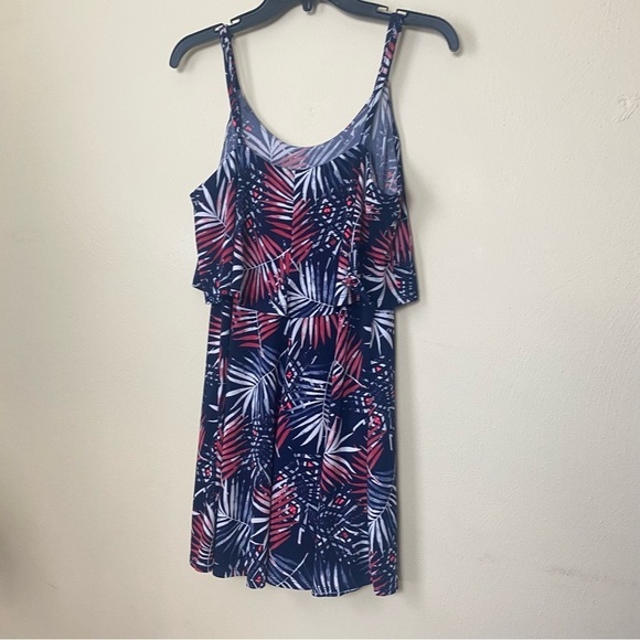 Women Express Red White Navy Palm Print/Tropical Summer Mini Dress Sz M - Picture 14 of 15